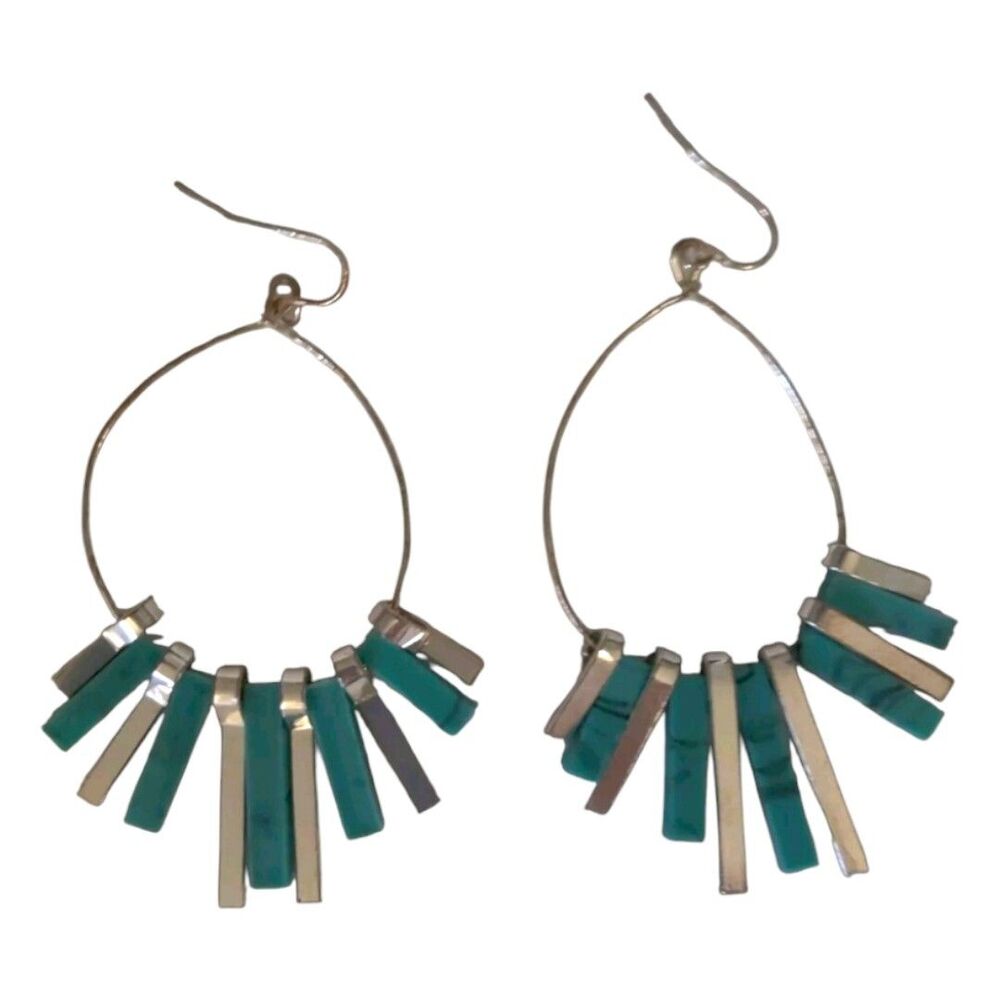 Earrings with Turquoise and Silver Hanging Pendants on Oval Hoop, Large. ~3"